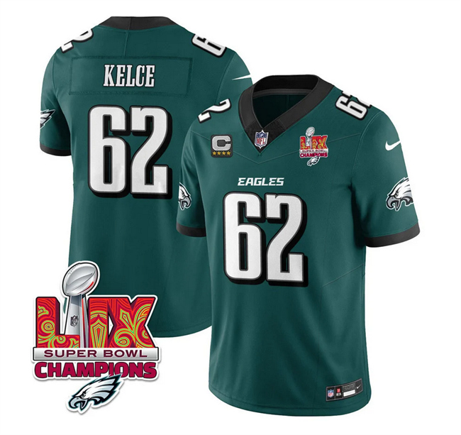 Men's Green Philadelphia Eagles #62 Jason Kelce 2025 Eagles Logo Super Bowl LIX Patch And 4-Star C Patch New F.U.S.E. Vapor Limited Stitched Football Jersey